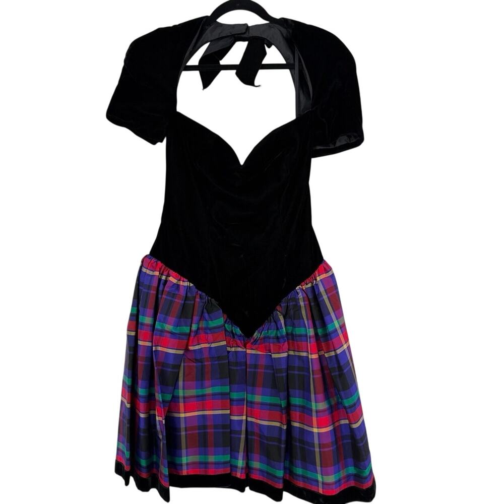 VTG 80s Victor Costa Velvet Tartan Plaid Taffeta Cocktail Party Dress size 10